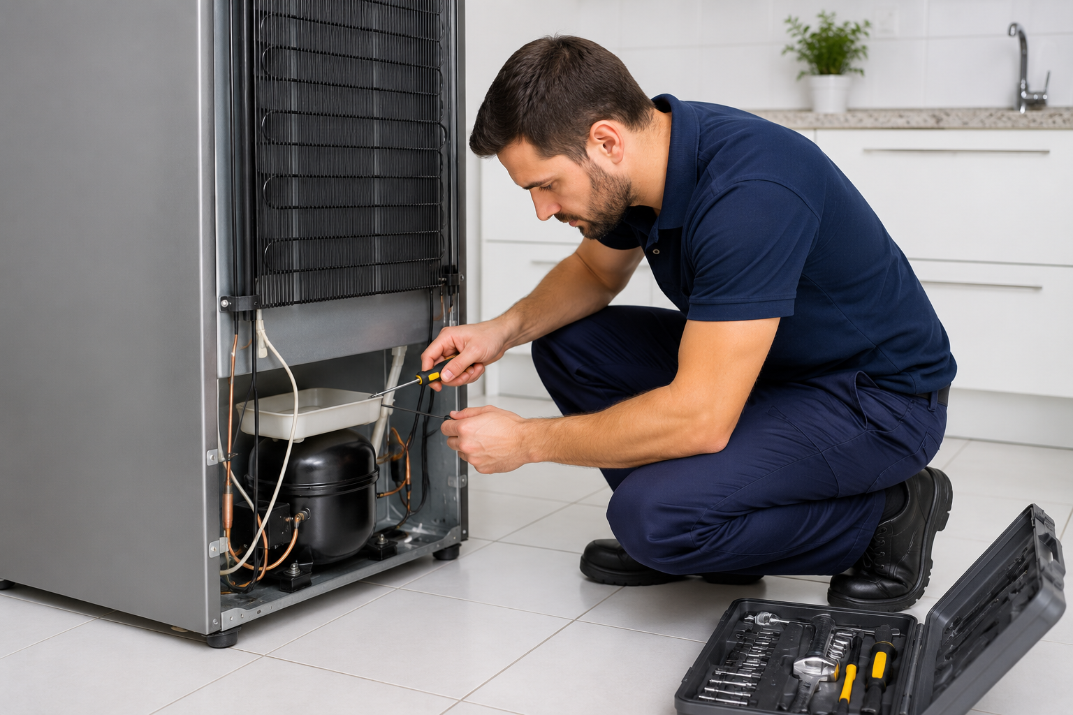 Técnico realizando reparo em geladeira