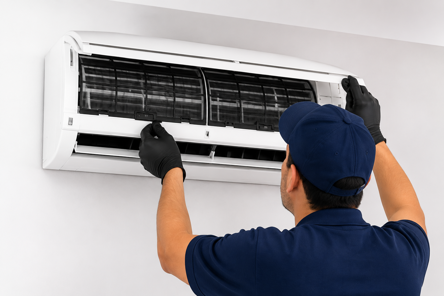 Técnico realizando reparo em ar-condicionado